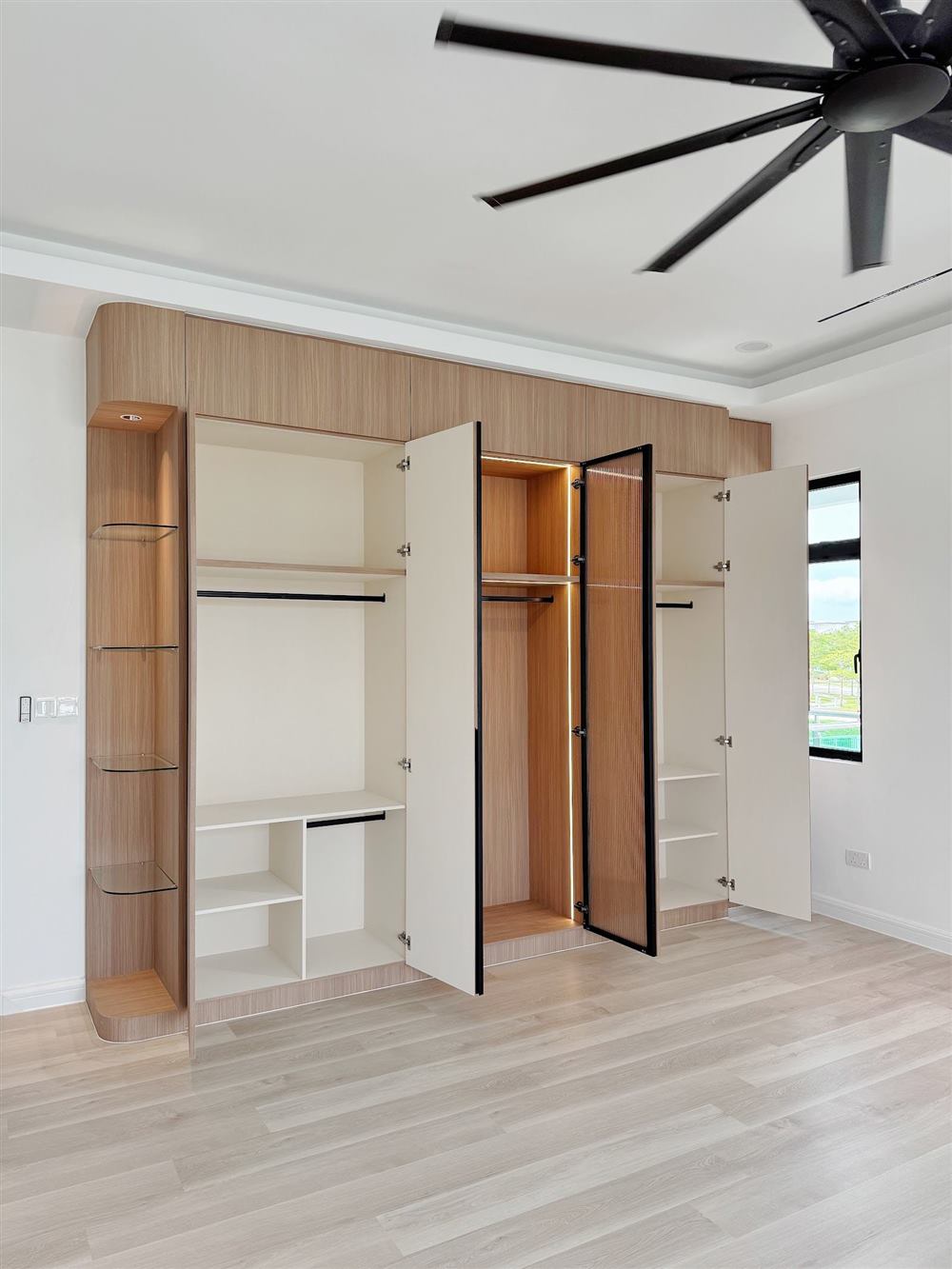 Built-in wardrobe with open shelving and glass doors, Horizon Hills, Johor
