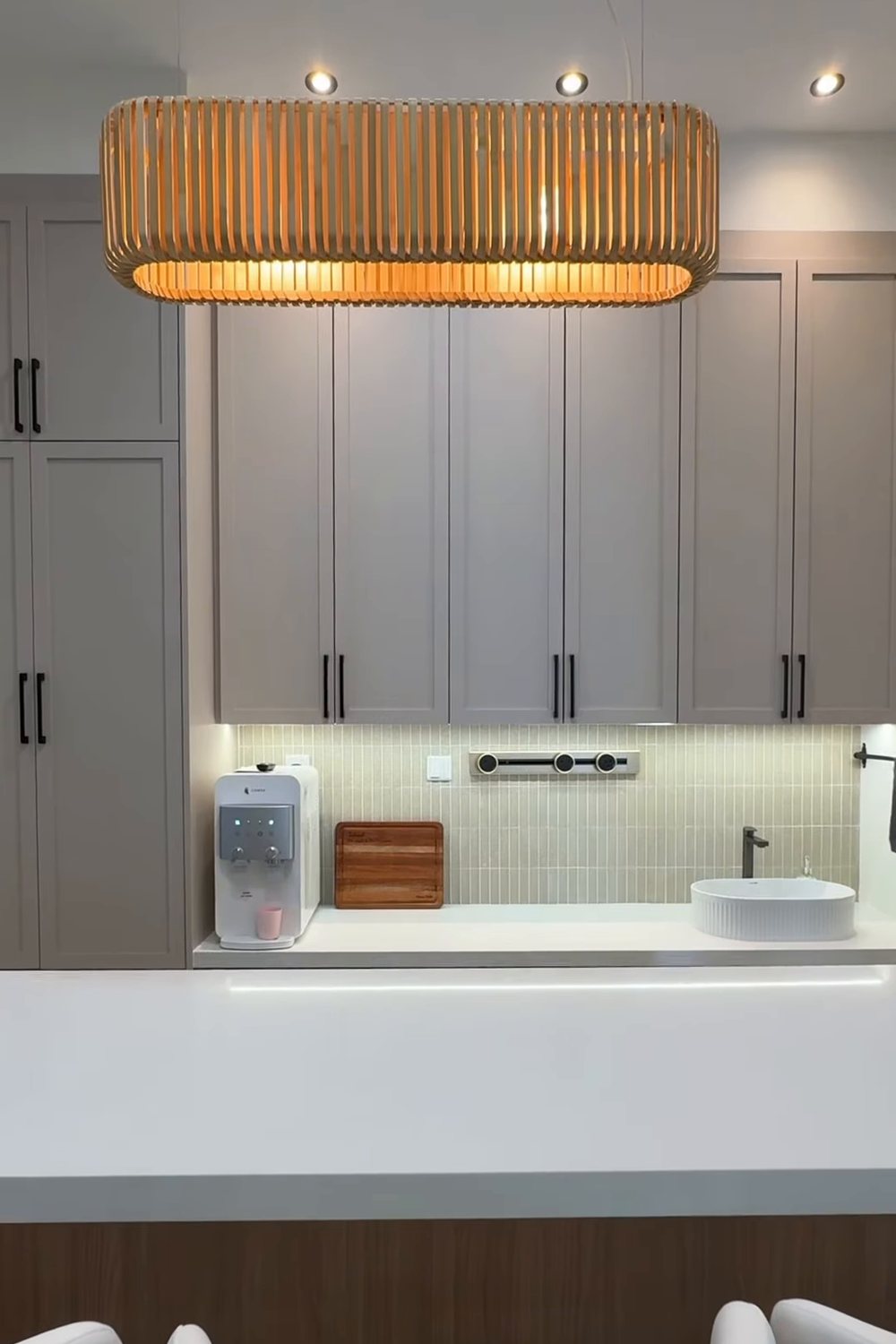 Dry kitchen wall cabinets to the ceiling with LED strip under the cabinets and finger-tile backsplash, Taman Daiman, Johor Bahru