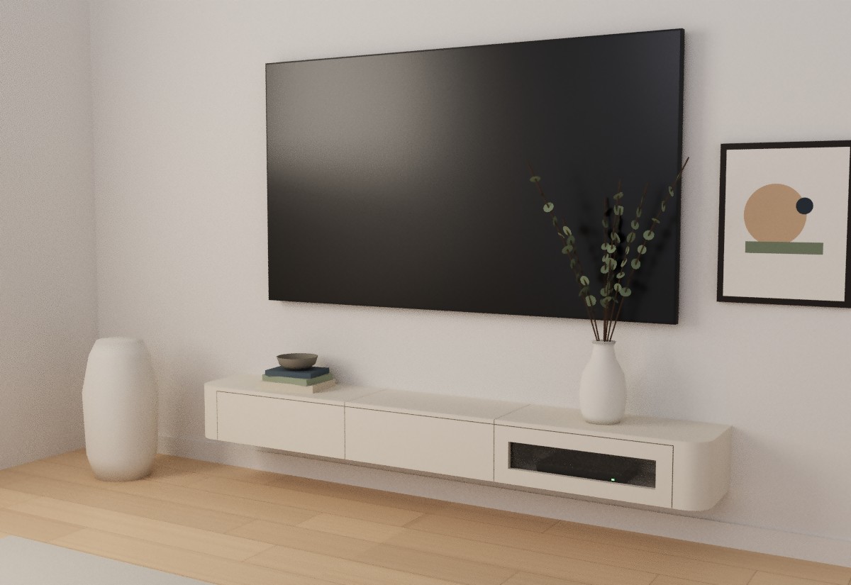 Champagne floating TV console with curved corner side panels on both ends and a glass flip-down door on the right with a decoder inside