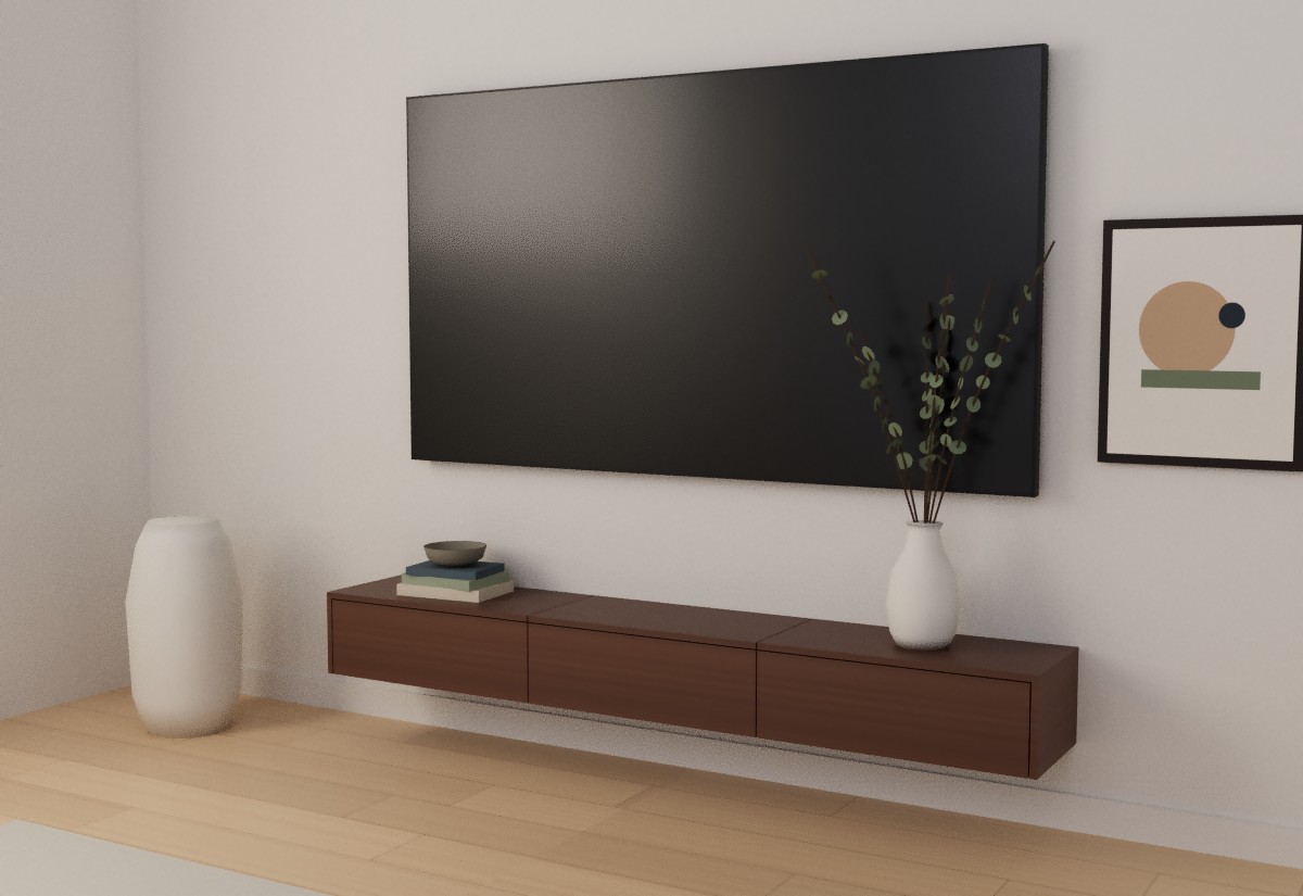 Floating TV console in Lotus M1422 Hera Walnut dark woodgrain