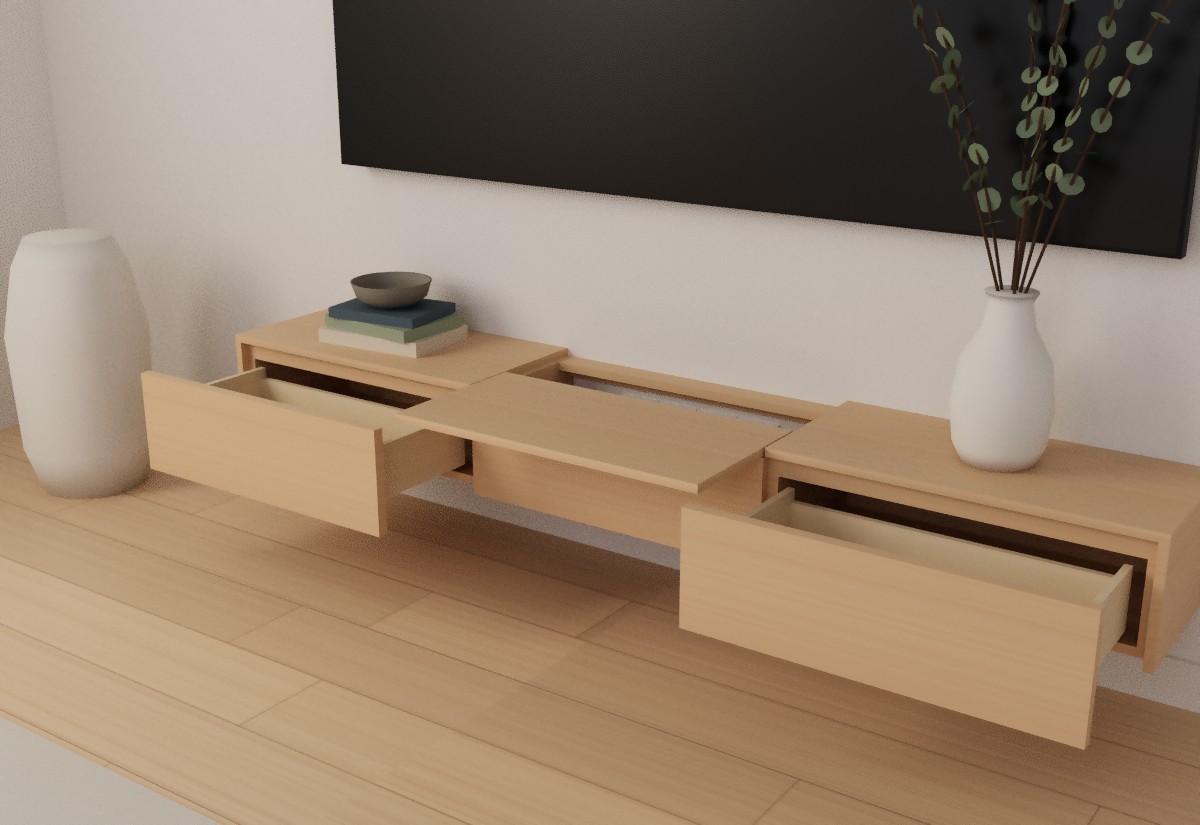 Floating TV console with both drawers open and the centre top slid forward to show four power sockets