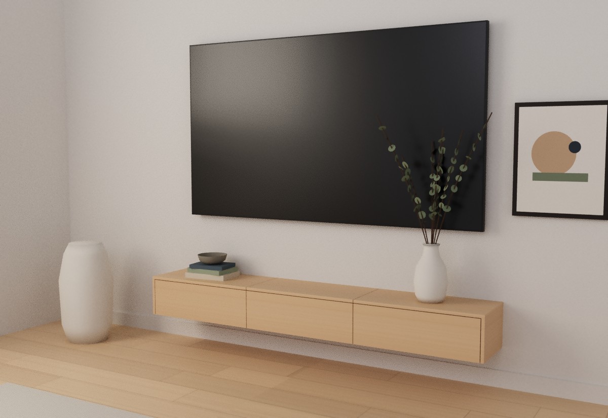 Floating TV console in Lotus M078 Pale Taupe light woodgrain under a 75-inch TV